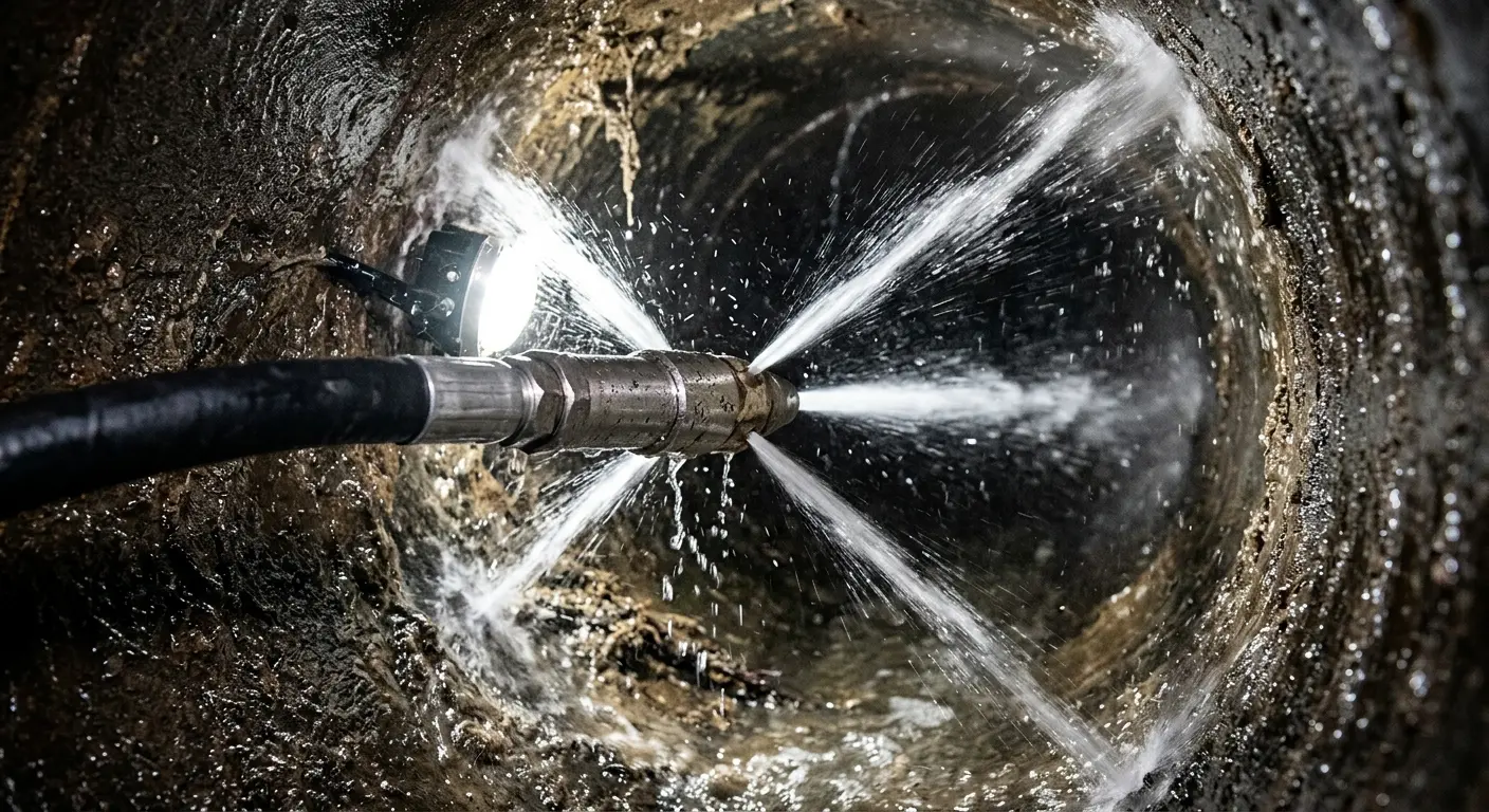 High-pressure hydro jetting nozzle cleaning sewer pipe for Emergency Drain Service in Tyrone