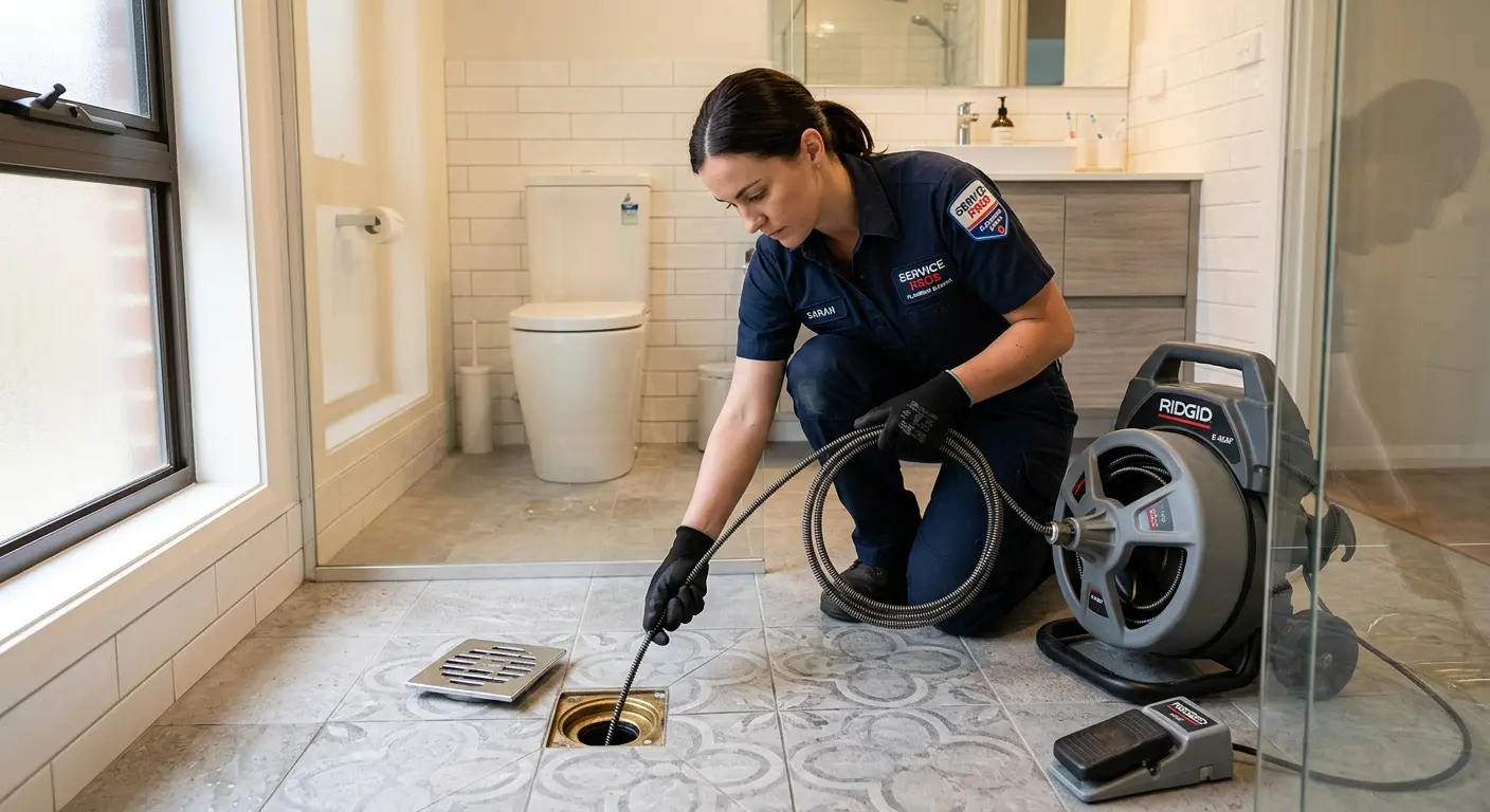 Technician clearing a bathroom floor drain for Drain Cleaning in Tyrone
